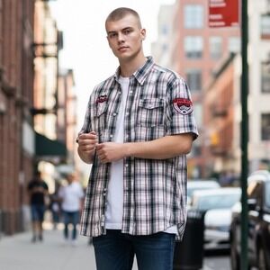 VTG Epic Hero Mens 3XL Plaid Short Sleeve Button Up Work Shirt Motorcycle Patch